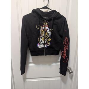 Ed Hardy NYC Full Zip Skull Jacket Cropped Hoodie Y2K 90s Tattoo Art Women's M